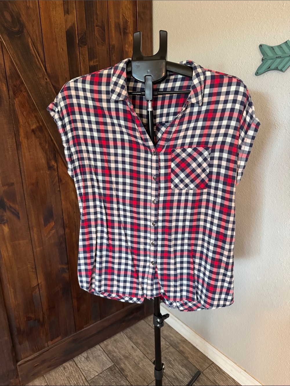 Maurices Red, Navy & White Plaid Button-Down Shirt